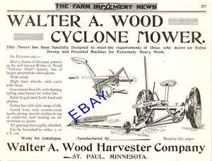 1893 WALTER WOOD CYCLONE HARVESTER MOWER AD ST. PAUL MN  