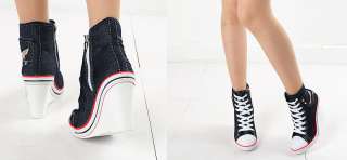 Womens Denim Sneakers Wedge High Heel Ankle Boots US5~8  