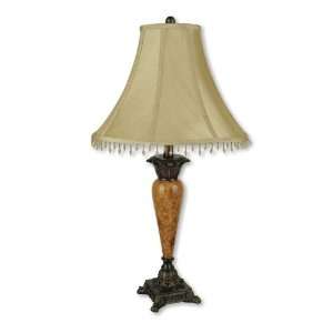 Table lamp antique gold painted linen beaded shade polyresin base old 