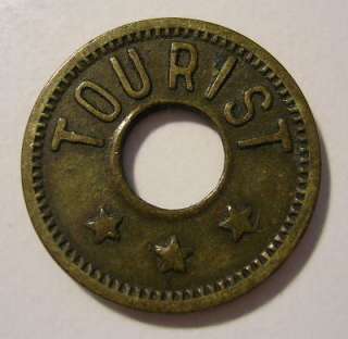 TOURIST GOOD FOR 5 CENTS TRADE TOKEN BRASS MIDDLE HOLE  