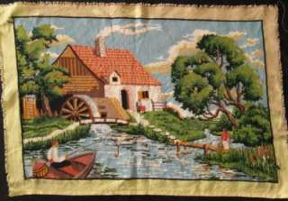 Vintage Needlepoint Watermill and fisherman 30x19  