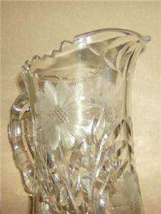   American Brilliant cut crystal pitcher water jug Flowers , Heavy