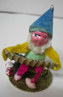 Old Compo Face Spun Cotton Christmas Elf Holding An Accordian  