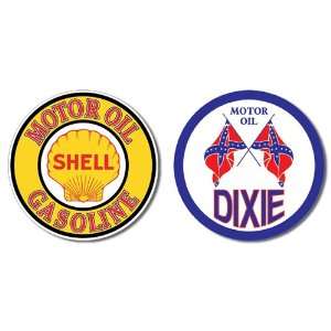 Nostalgic Gas & Oil Tin Metal Sign Bundle   2 round retro signs Shell 