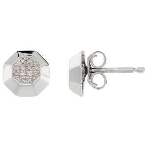 10k White Gold Diamond Octagon Stud Earrings, w/ 0.07 Carat Brilliant 