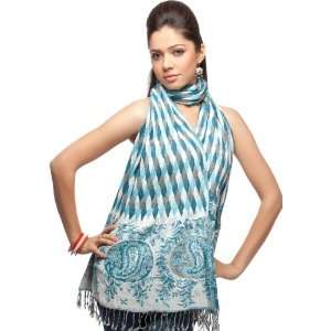  Ivory and Blue Woven Scarf   Viscose with Lycra 