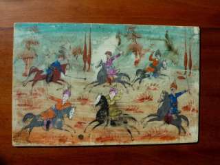 Antique Persian miniature painting of men on horseback playing a game 