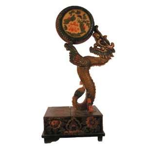   Statue Tibetan Drum Carved Dragon Drum Gilt Box Stand 