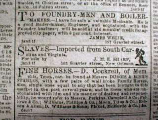 1855 New Orleans newspaper w 5 SLAVE ADs Runaway & Sale  