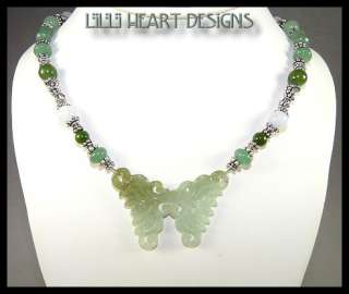 DESIGNER NECKLACE JADE CARVED BUTTERFLY, SILVER BEADS  