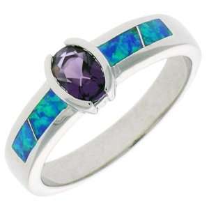 Sterling Silver, Synthetic Opal Inlay Ring, w/ Oval Shape Amethyst CZ 