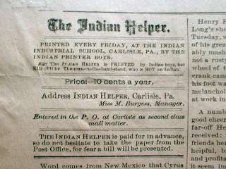 Rare 1890 Native American Indian published newspaper CARLISLE PA  121 