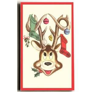    Merry Christmas, Stockings in Cartoon Deers Antle