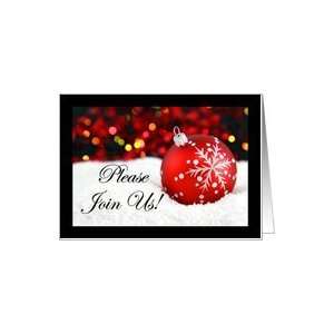 Christmas Party Event Invitations, Red Sparkle Ornament in White Snow 