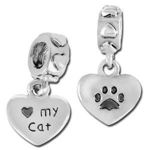  12mm (heart) My Cat Charm Large Hole Bead   Rhodium Plated 