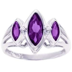 14K White Gold Three Stone Marquis and Diamond Ring Amethyst, size7