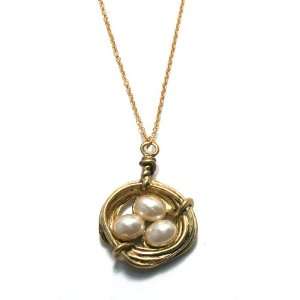 18 Goldtone Necklace with Bird Nest Pendant and Fashion Pearls From 