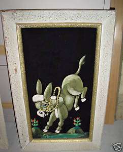 OLD Oil on Velvet Painting of Donkey SIGNED Silva LOOK  