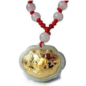 24K Gold Chinese Zodiac Pig Genuine Jadeite Jade Pendant Necklace(With 