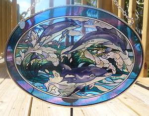 Wow Amia Dolphins Handpainted Oval Stained Glass Suncatcher  