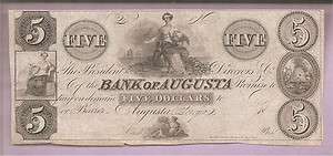 ORIGINAL 1858 $5 BANK OF AUGUSTA NOTE AUGUSTA GA CU  
