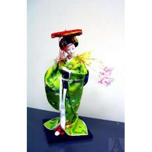  Asian Girl Doll Statue with Green Silk Kimono