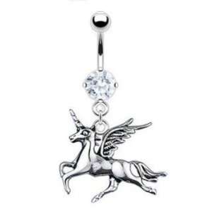  Unicorn Belly Navel Ring Clear CZ Dangle Button Piercing 