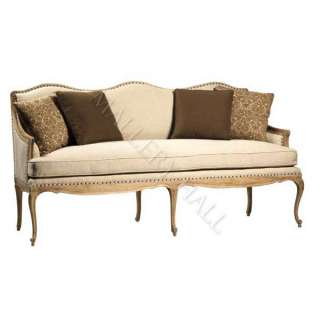 Mahogany Wood Cream Linen Upholstered Settee French Sofa w Black 