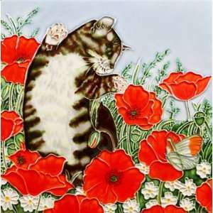  8 X 8 Art Tile   Dancing Cat in Poppies Field