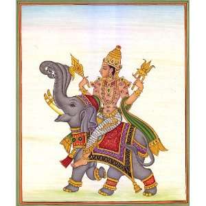  Lord Indra Riding His Three Trunked Vehicle   Water Color 