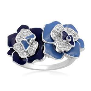 Sterling Silver Blue Enamel Flower Diamond Ring (1/6 cttw, I J Color 
