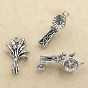  Tractor Wheat Windmill PEWTER CHARMS Farm Theme (3)