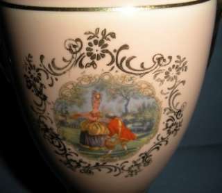   GOLD AMERICAN CHINA POTTERY APOTHECARY JAR URN VINTAGE COLONIAL COUPLE