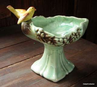 McCOY Yellow Bird on Birdbath PLANTER Vase Vintage Green Pottery Art 