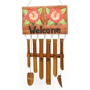 Hawaii Wood Wind Chime Decorated & Carved 2 Hibiscus  