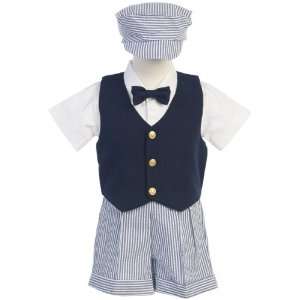  Boys Eton Suits  Navy and White Seersucker Shorts and Hat 