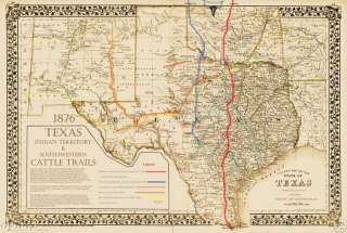 1876 Great Texas Chisholm Goodnight Trails Map 16x20  