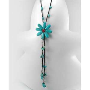 Turquoise Flower Lariat 26 inch Necklace