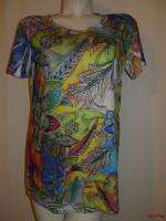 BFS01~NEW ASHLEY STEWART Bright Colorful Gemmed Floral SS Shirt Top 