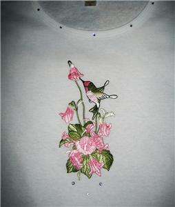 Pink Trumpet Vine Flowers & Hovering HUMMINGBIRD Applique Shirt~ S M L 