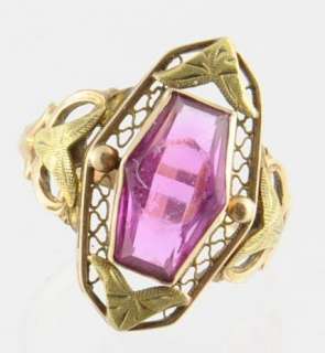 Vintage 10K Yellow Gold Filigree Cutwork Pink Glass Ring Size 7.5, 3.4 