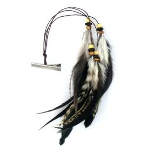  Black Tassle Hair Feather Clip with Chords and Wood Beads Beauty