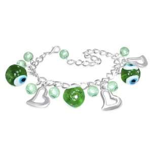   Green Evil Eye Beads Ball Heart Love Charm Womens Bracelet Jewelry