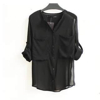 Simple Basic Sheer Chiffon Shirt Blouse Pocket S L #T4F  