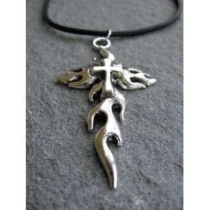  Flame Cross Tibetan Silver Charm on Black Cord Necklace 