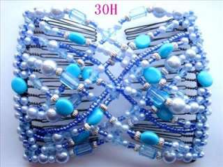 1X MAGIC Stretchy BLUE Glass Pearl Beads Hair Comb J30H  