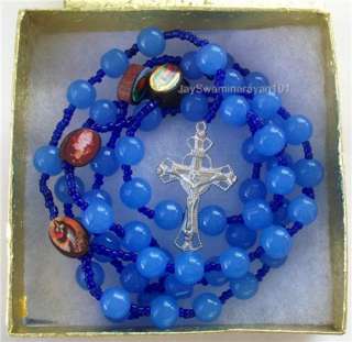 Mens Long Rosary Necklace Royal Blue Glass Beads Cross  