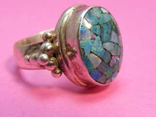 NANAS Vintage Sterling Silver Bead & Opal Inlay Ring Size 6  