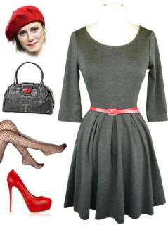 50s Style GREY Knit SCOOP NECK High Waist BELTED SKATE Dancer Dress w 