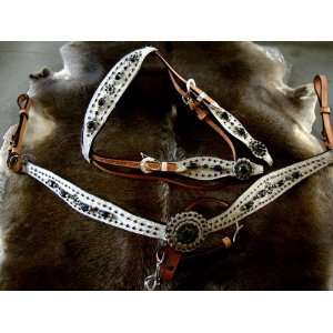   WESTERN LEATHER HEADSTALL WHITE HAIRON WITH BLING 